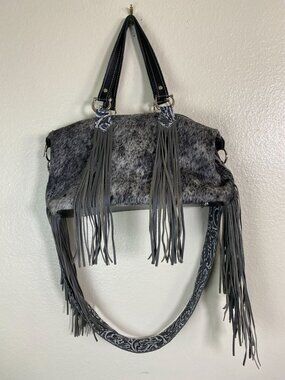 Holy Cow Couture 58098 Cowhide Fringe Western Shoulder Bag Tooled Leather Straps